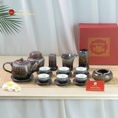 Bộ Ấm Chén Cẩm Thạch Kẻ Vàng