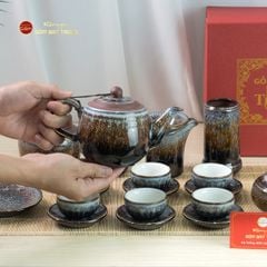 Bộ Ấm Chén Cẩm Thạch Kẻ Vàng