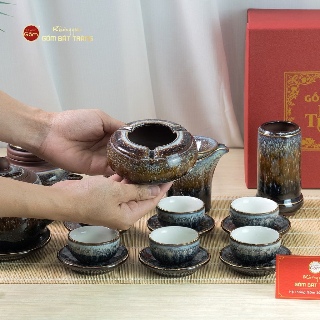 Bộ Phụ Kiện Trà Đại Cẩm Thạch Kẻ Vàng