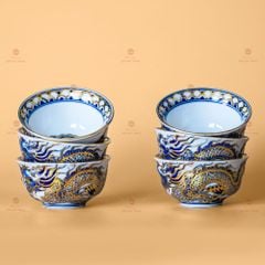 Bát Cơm Thờ Kim Long Đẳng Vân Men Lam Nổi Vẽ Vàng Kim