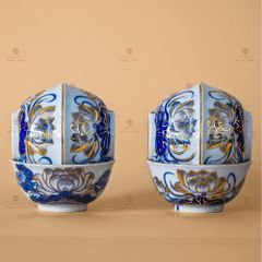Bát Cơm Thờ Men Lam Vẽ Vàng Họa Tiết Hoa Sen