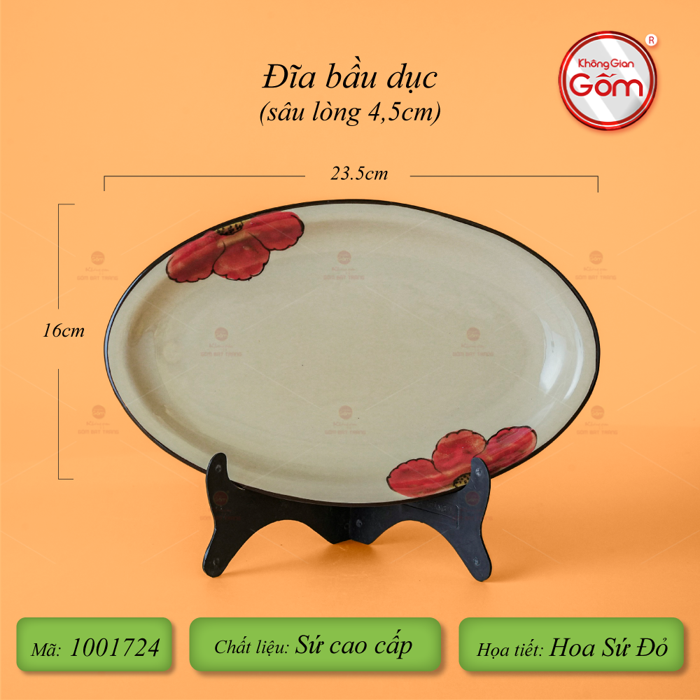 Đĩa Bầu Dục Hoa Sứ Đỏ