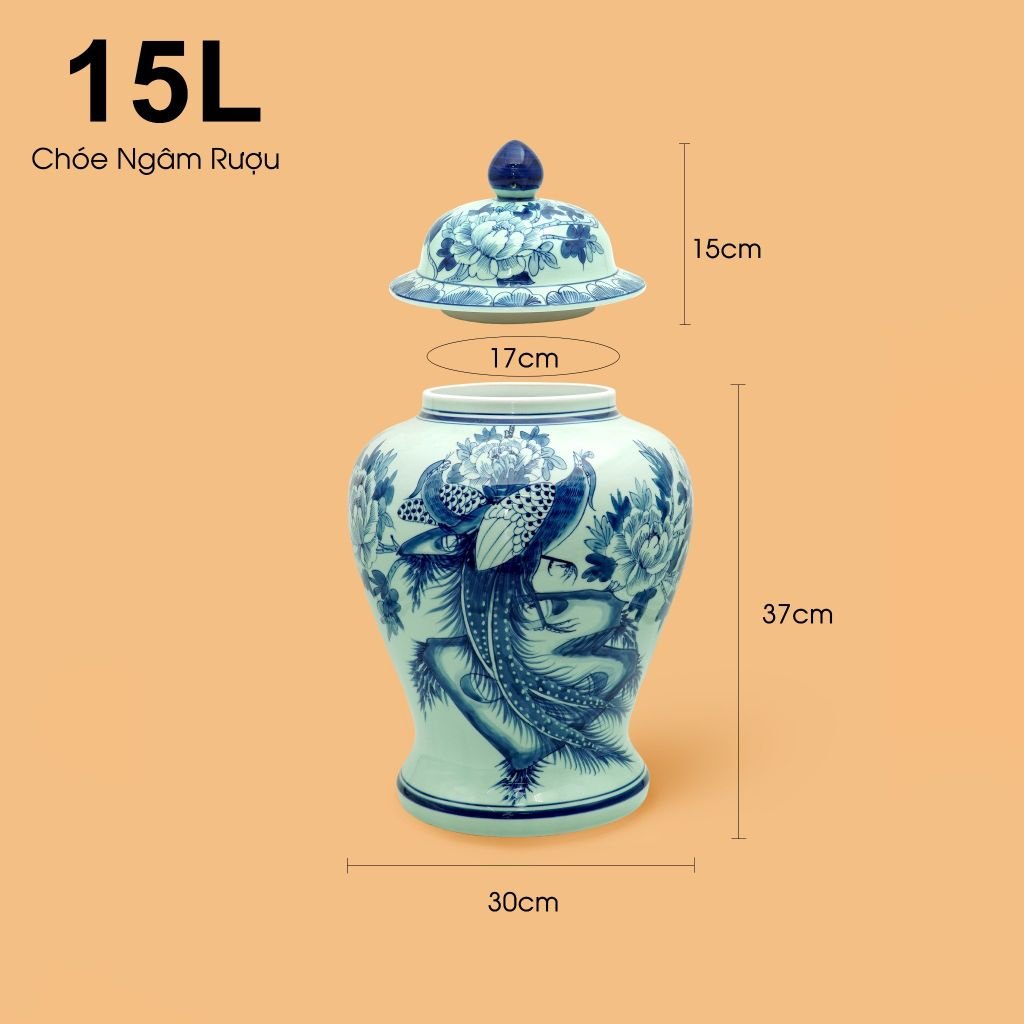 Bình Chóe Ngâm Rượu Men Lam Chim Trĩ Mẫu Đơn