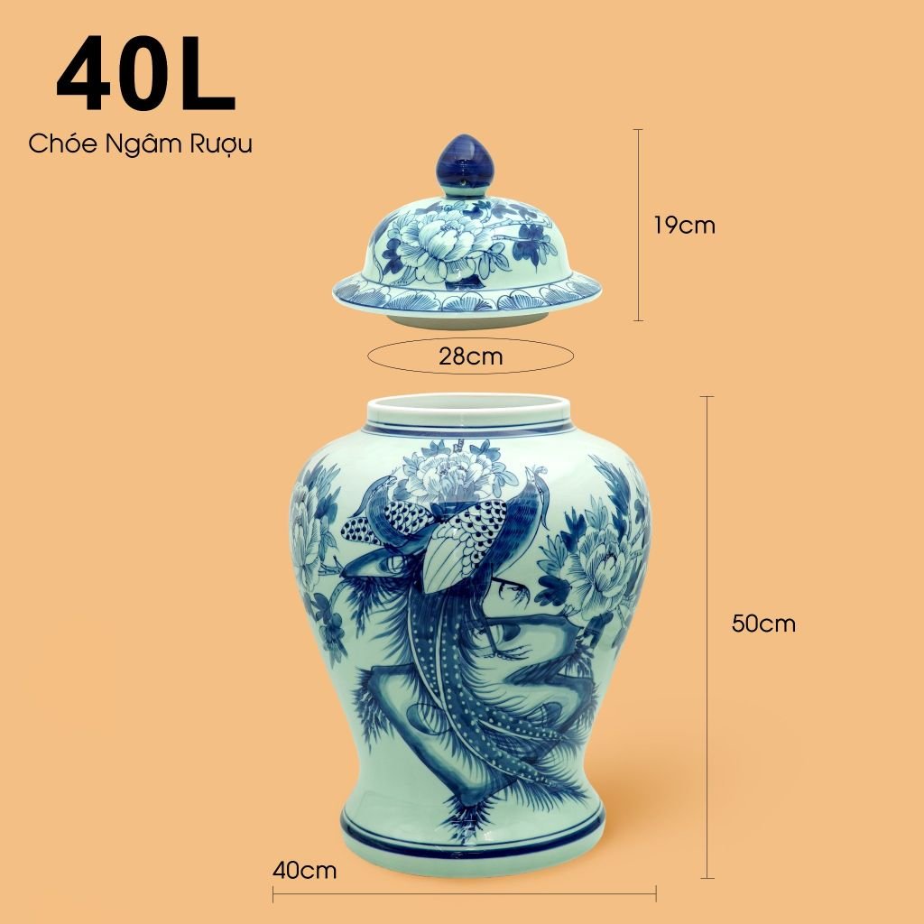 Bình Chóe Ngâm Rượu Men Lam Chim Trĩ Mẫu Đơn