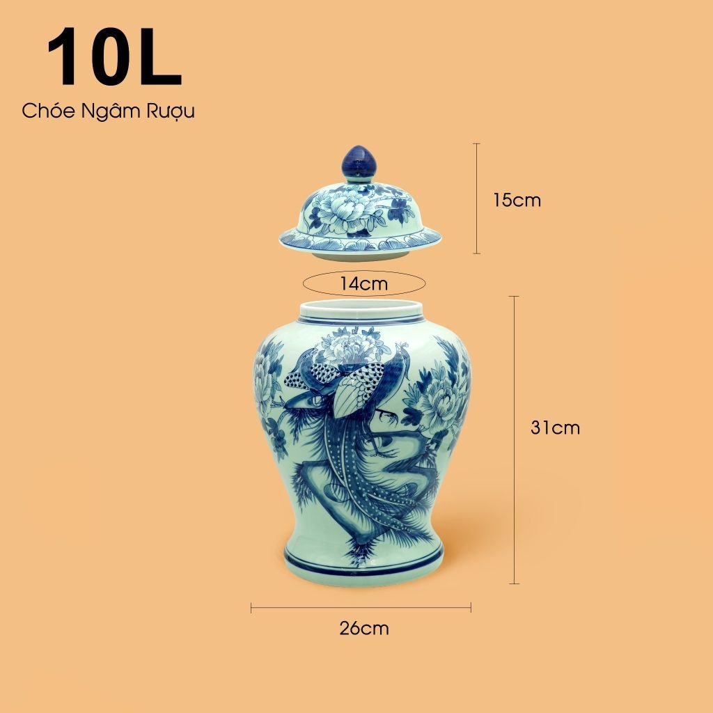 Bình Chóe Ngâm Rượu Men Lam Chim Trĩ Mẫu Đơn