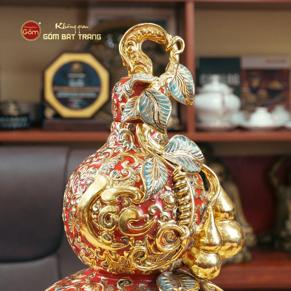 Bình Hồ Lô Chữ Lộc Đắp Nổi Vẽ Vàng
