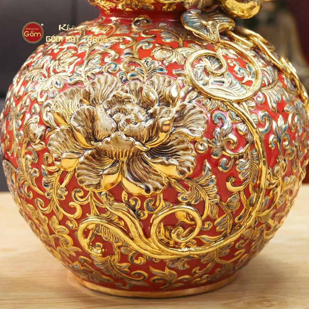 Bình Hồ Lô Chữ Lộc Đắp Nổi Vẽ Vàng