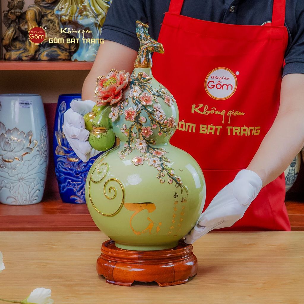 Bình Hồ Lô Xanh Cốm Tài Lộc Vẽ Vàng