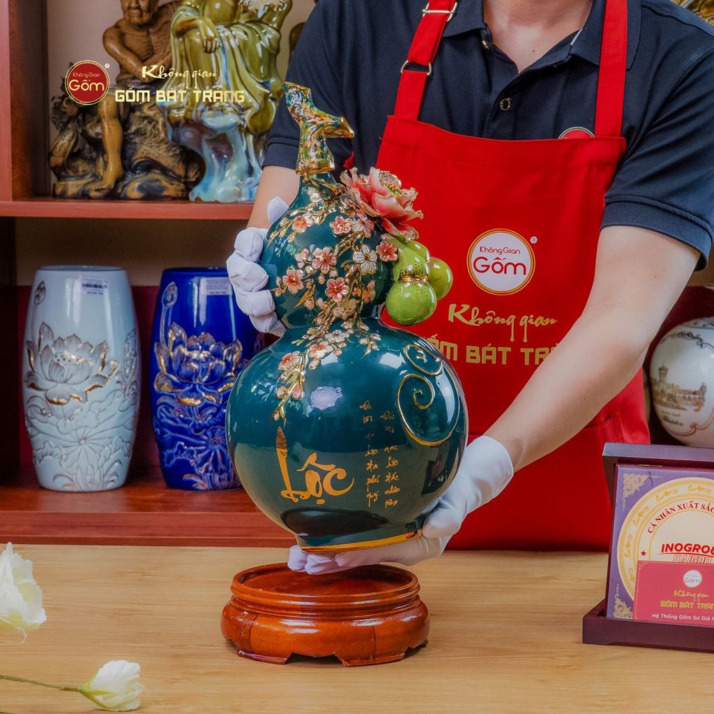 Bình Hồ Lô Xanh Lục Tài Lộc Vẽ Vàng