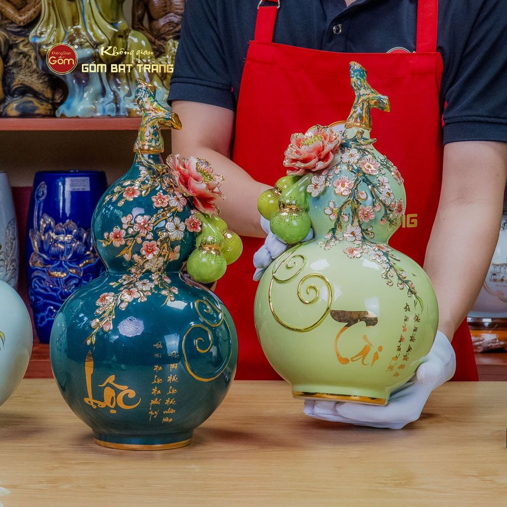 Bình Hồ Lô Xanh Cốm Tài Lộc Vẽ Vàng