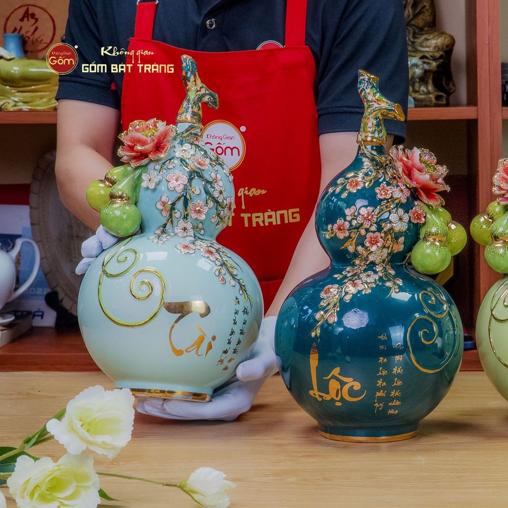 Bình Hồ Lô Xanh Biển Tài Lộc Vẽ Vàng