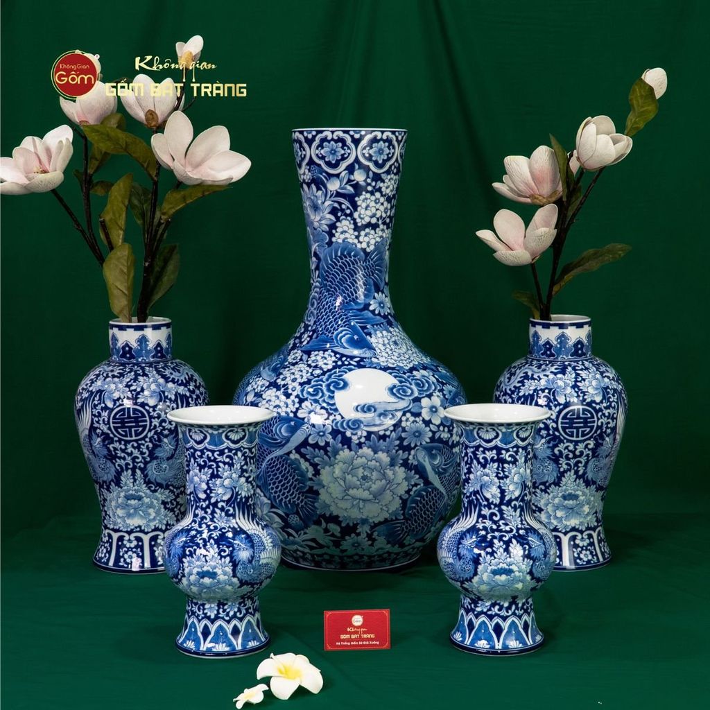 Tỏi Bình Cửu Ngư Chầu Nguyệt Lam Ngọc Bình An