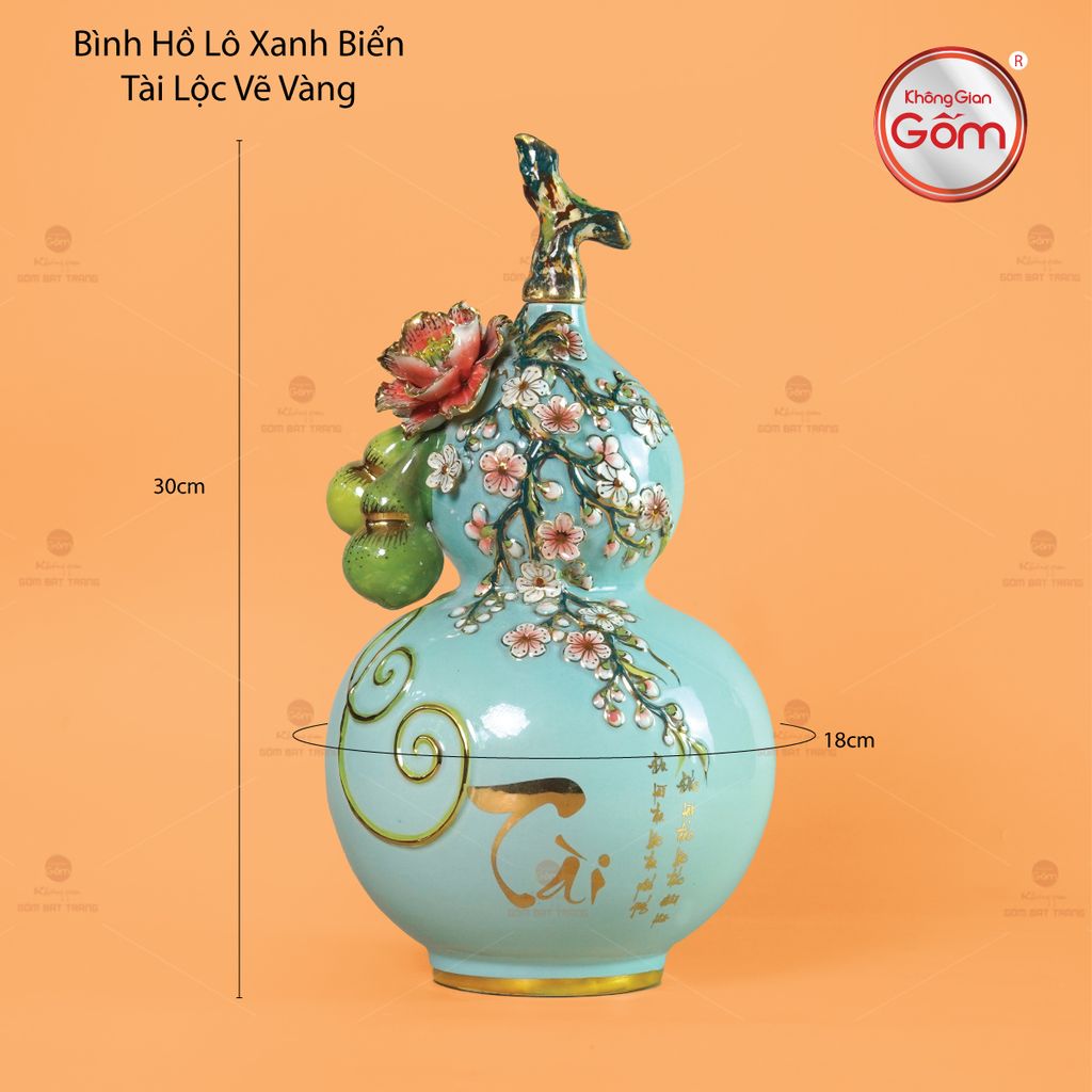 Bình Hồ Lô Xanh Biển Tài Lộc Vẽ Vàng