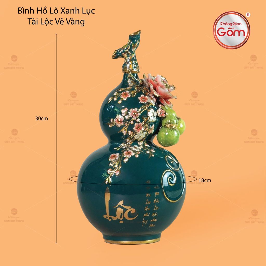 Bình Hồ Lô Xanh Lục Tài Lộc Vẽ Vàng