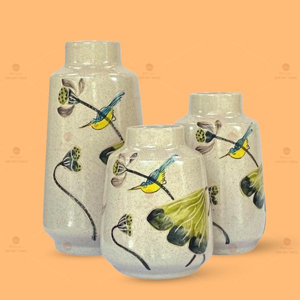 Bộ 3 lọ hoa mini họa tiết chim lá sen