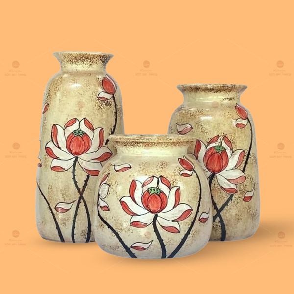 Bộ 3 lọ hoa mini họa tiết hoa sen đỏ