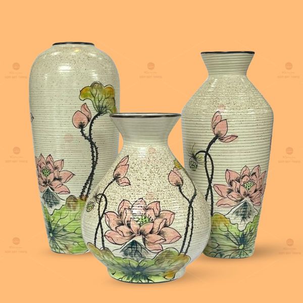 Bộ 3 lọ hoa mini họa tiết sen hồng