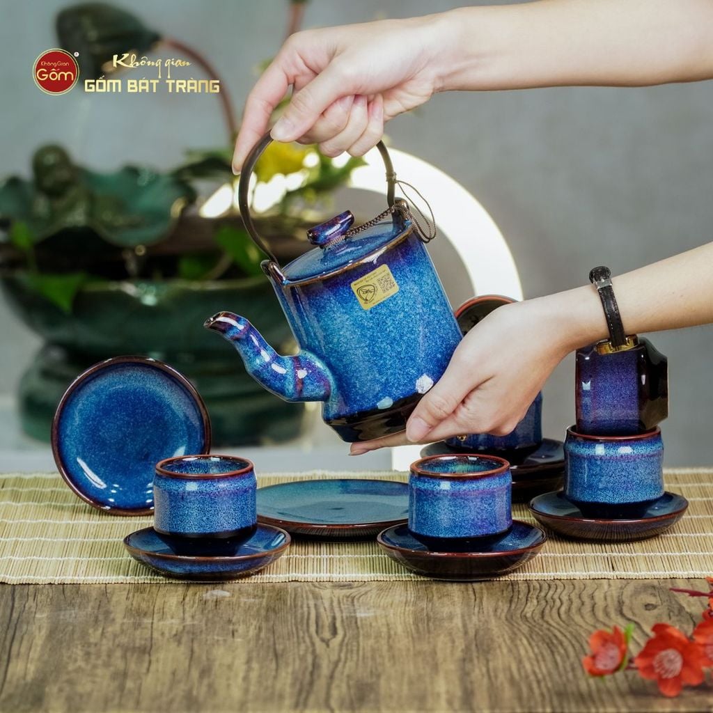 Bộ Ấm Chén Men Xanh Hỏa Biến Đốt Trúc Lòng Rêu