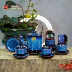 Bộ Ấm Chén Men Xanh Hỏa Biến Đốt Trúc Lòng Rêu