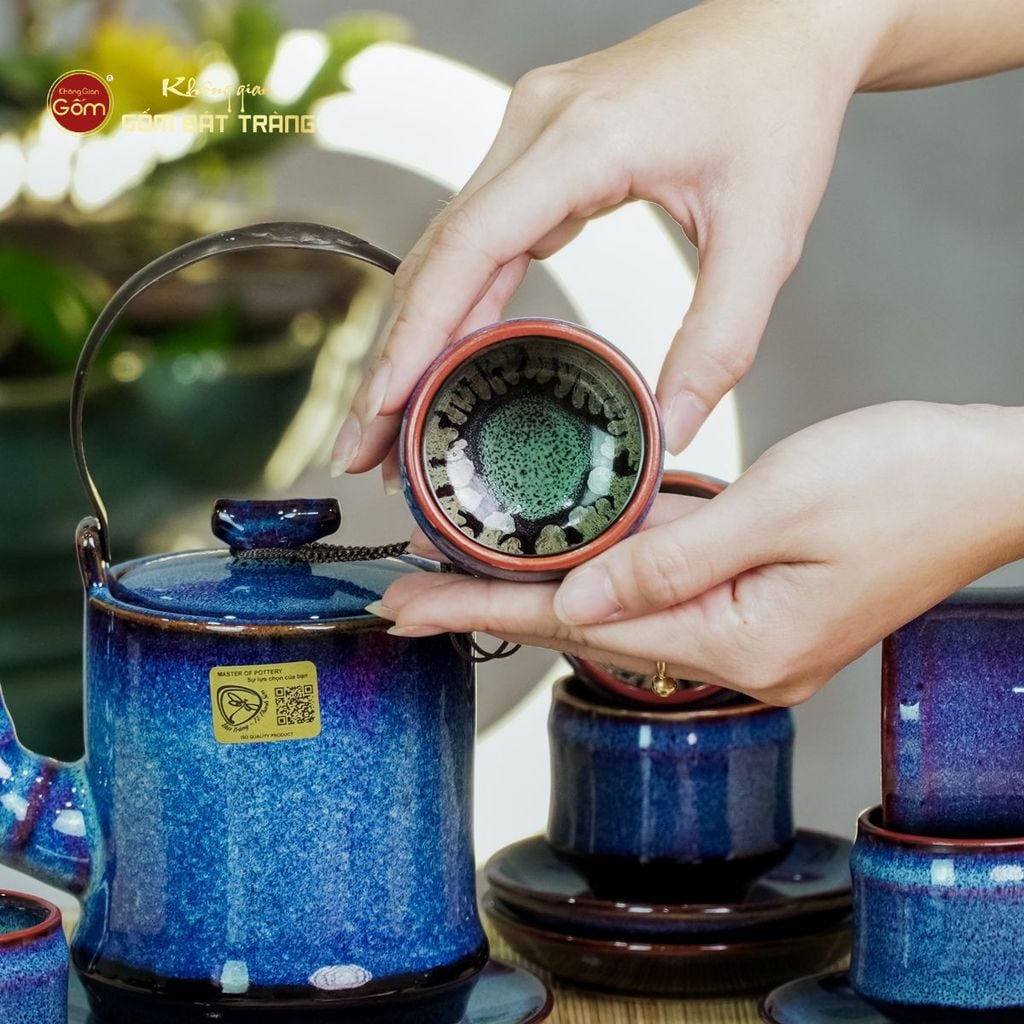 Bộ Ấm Chén Men Xanh Hỏa Biến Đốt Trúc Lòng Rêu