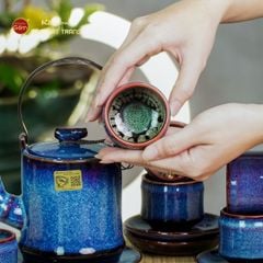 Bộ Ấm Chén Men Xanh Hỏa Biến Đốt Trúc Lòng Rêu