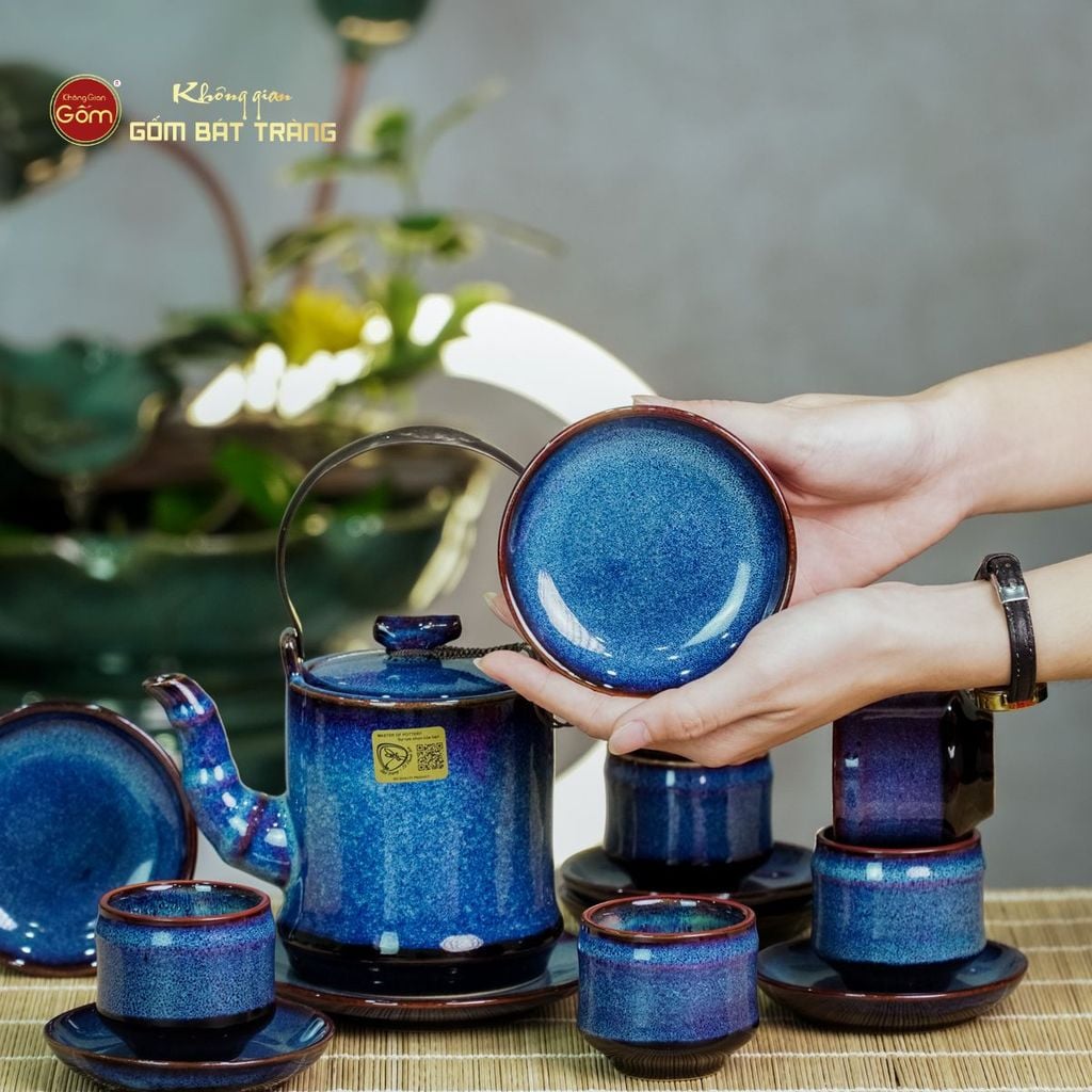 Bộ Ấm Chén Men Xanh Hỏa Biến Đốt Trúc Lòng Rêu