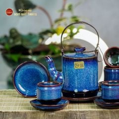 Bộ Ấm Chén Men Xanh Hỏa Biến Đốt Trúc Lòng Rêu