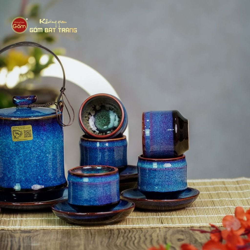 Bộ Ấm Chén Men Xanh Hỏa Biến Đốt Trúc Lòng Rêu