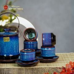 Bộ Ấm Chén Men Xanh Hỏa Biến Đốt Trúc Lòng Rêu