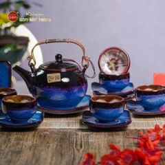 Bộ Ấm Chén Bưởi Xanh Men Hỏa Biến Lòng Hoa