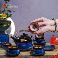 Bộ Ấm Chén Bưởi Xanh Men Hỏa Biến Lòng Hoa
