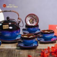 Bộ Ấm Chén Bưởi Xanh Men Hỏa Biến Lòng Hoa