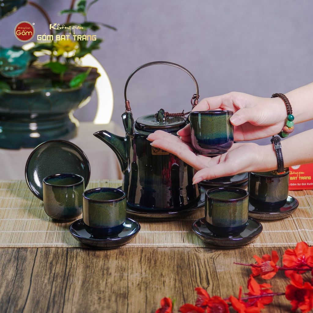 Bộ Ấm Chén Cao Men Hỏa Biến Xanh Rêu Ngọc Thỏ
