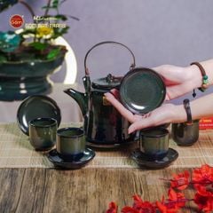 Bộ Ấm Chén Cao Men Hỏa Biến Xanh Rêu Ngọc Thỏ