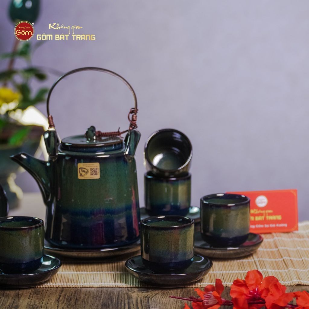 Bộ Ấm Chén Cao Men Hỏa Biến Xanh Rêu Ngọc Thỏ