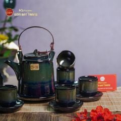Bộ Ấm Chén Cao Men Hỏa Biến Xanh Rêu Ngọc Thỏ