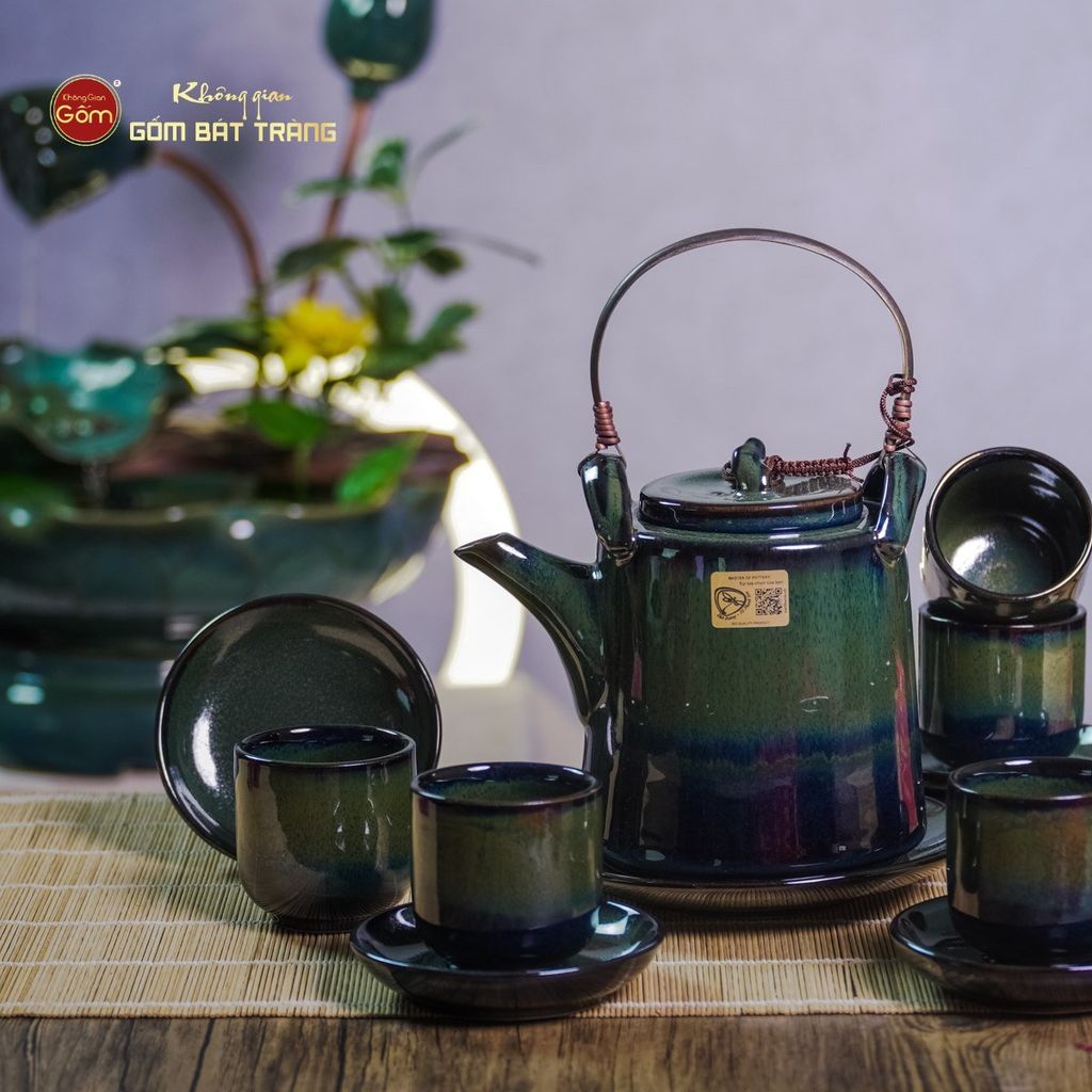 Bộ Ấm Chén Cao Men Hỏa Biến Xanh Rêu Ngọc Thỏ