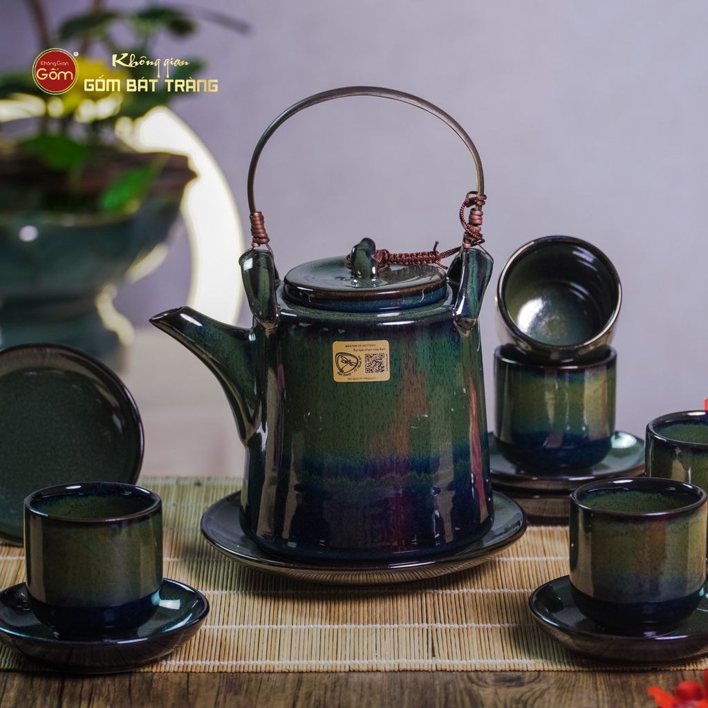 Bộ Ấm Chén Cao Men Hỏa Biến Xanh Rêu Ngọc Thỏ