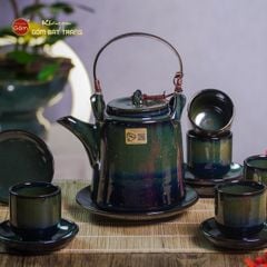 Bộ Ấm Chén Cao Men Hỏa Biến Xanh Rêu Ngọc Thỏ