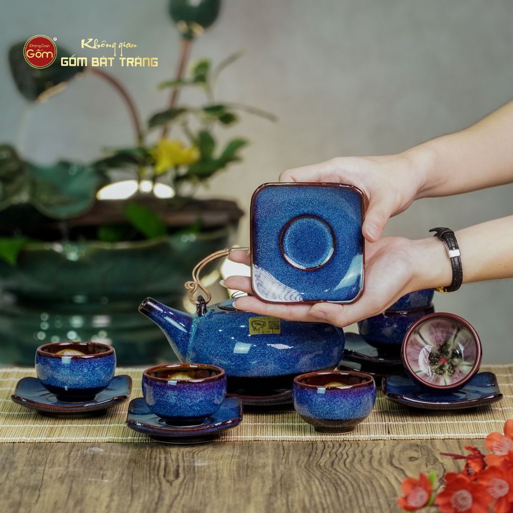 Bộ Ấm Chén Giang Tây Lòng Hoa Men Xanh Hỏa Biến