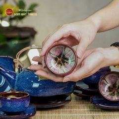 Bộ Ấm Chén Giang Tây Lòng Hoa Men Xanh Hỏa Biến