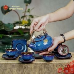 Bộ Ấm Chén Giang Tây Lòng Hoa Men Xanh Hỏa Biến