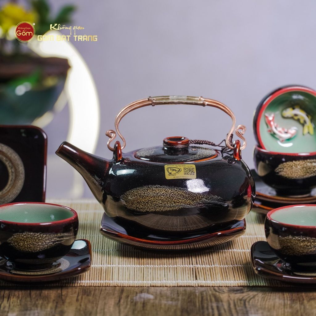 Bộ Ấm Chén Giang Tây Men Hỏa Biến Cá Koi