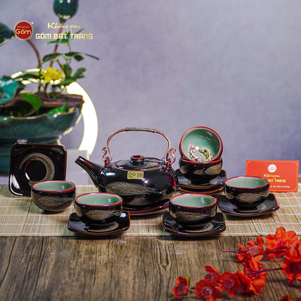 Bộ Ấm Chén Giang Tây Men Hỏa Biến Cá Koi