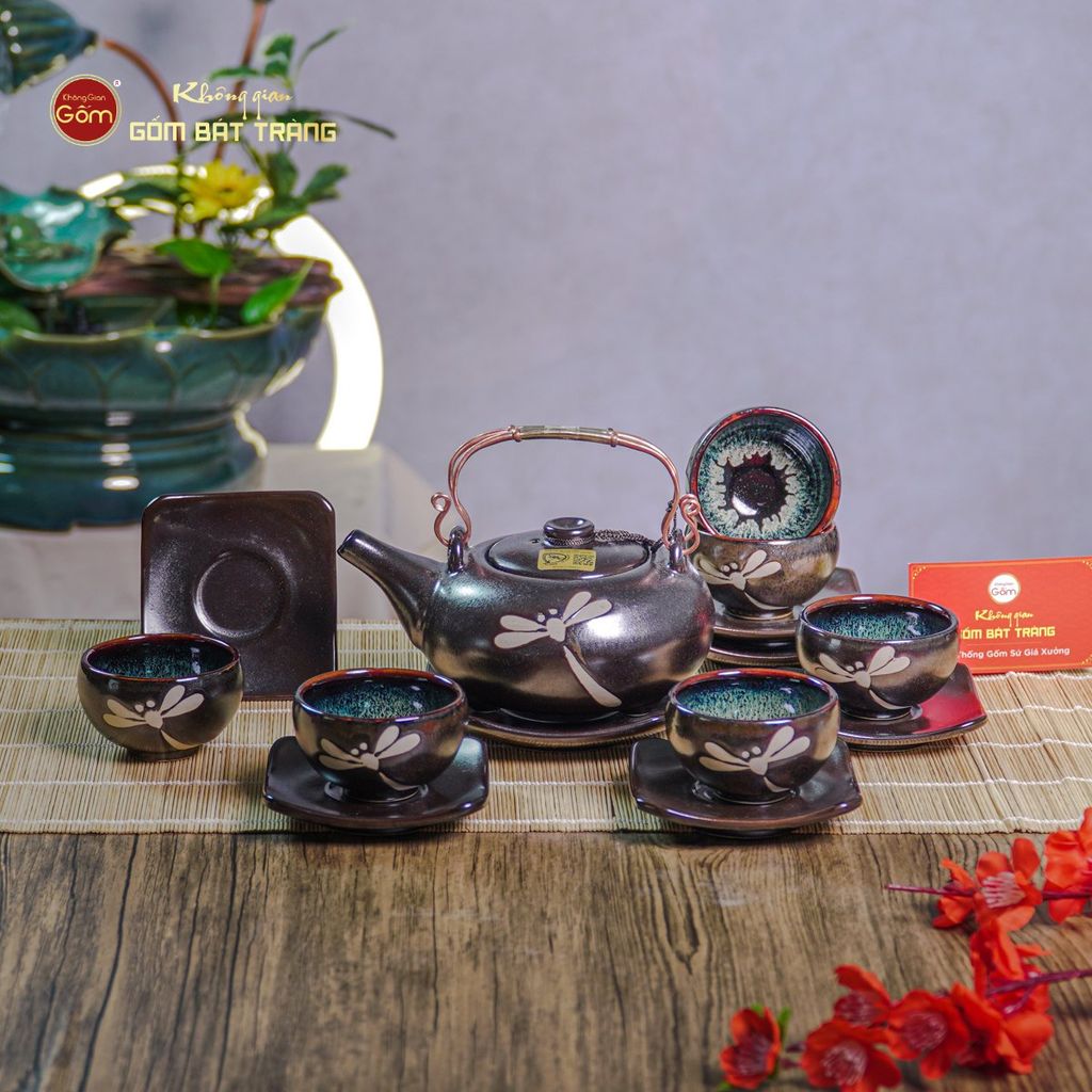 Bộ Ấm Chén Giang Tây Men Hỏa Biến Chuồn Chuồn