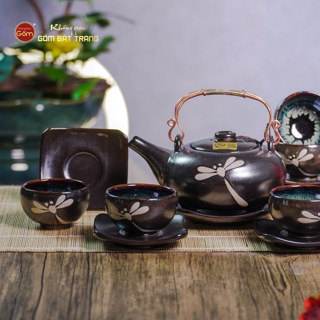 Bộ Ấm Chén Giang Tây Men Hỏa Biến Chuồn Chuồn
