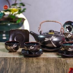Bộ Ấm Chén Giang Tây Men Hỏa Biến Chuồn Chuồn