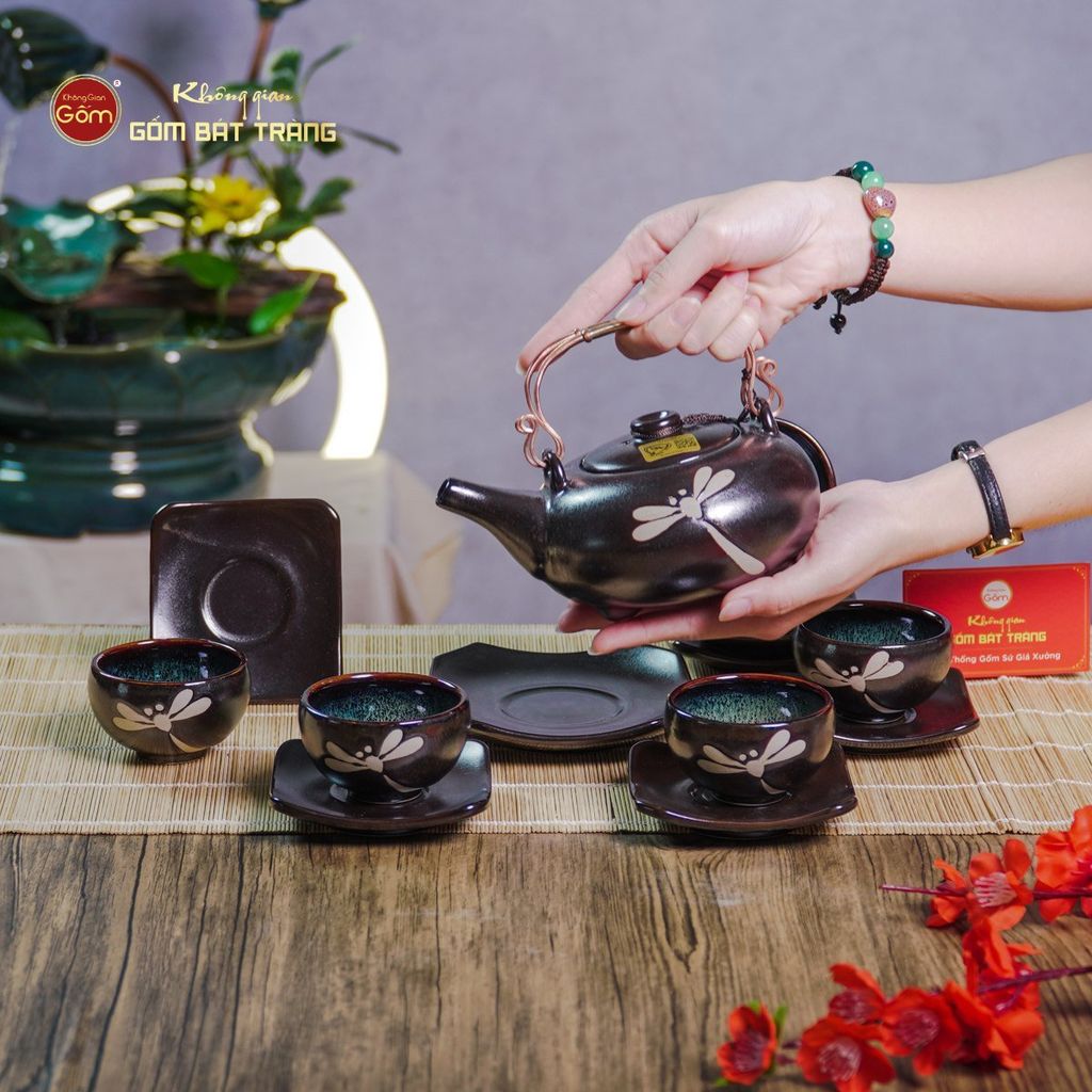 Bộ Ấm Chén Giang Tây Men Hỏa Biến Chuồn Chuồn