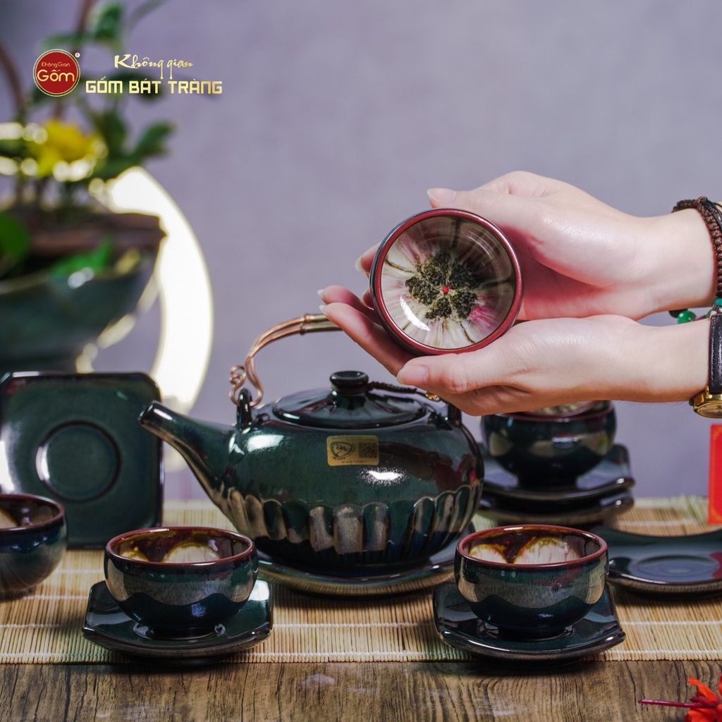 Bộ Ấm Chén Giang Tây Men Hỏa Biến Múi Ngọc Thỏ
