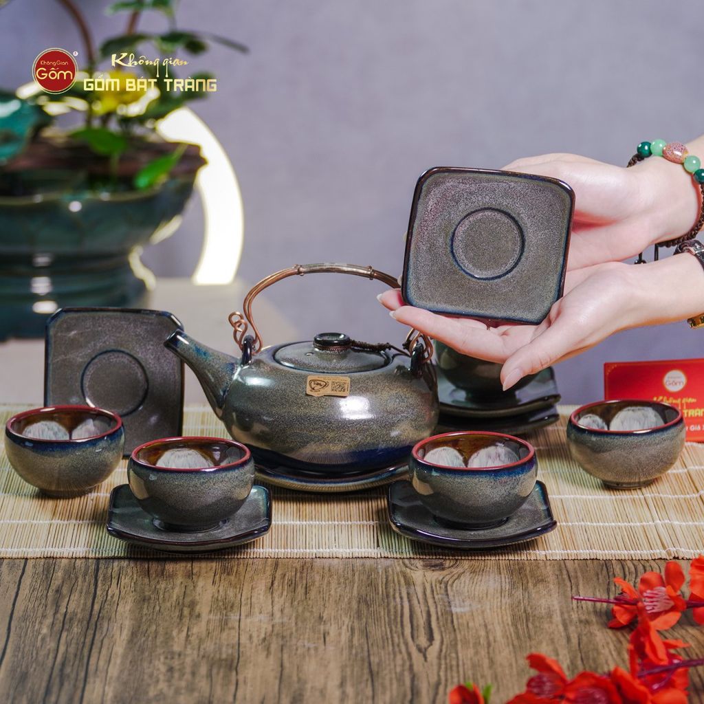 Bộ Ấm Chén Giang Tây Men Hỏa Biến Rêu Lòng Hoa